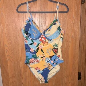 Old Navy Blue and Yellow Tropical One Piece Swimsuit & Coverup skirt